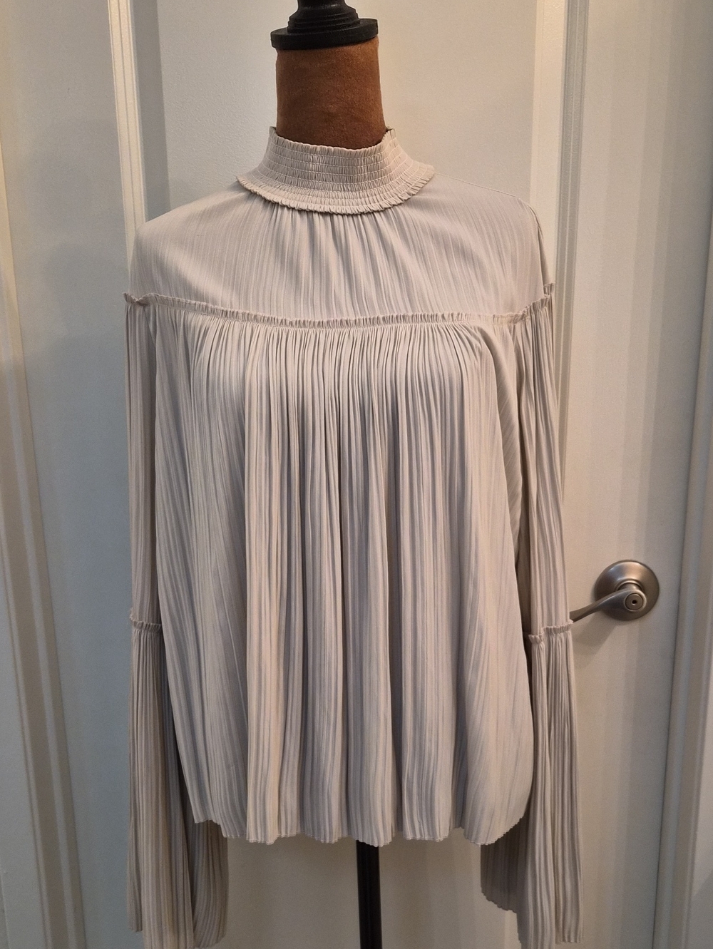 A.L.C. Pleated High-Neck Blouse in Light Beige